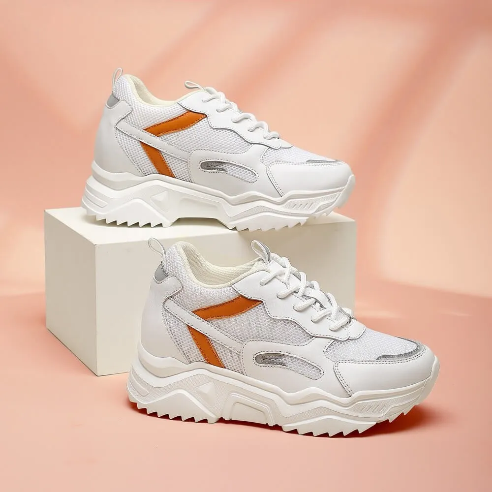 10 CM/3.94 Inches CMR CHAMARIPA Elevator Sneakers for Women - White Mesh Sneakers with Orange Accents