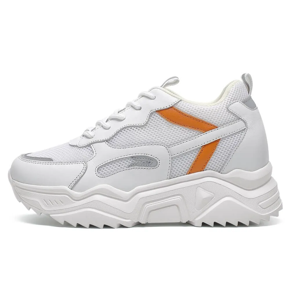 10 CM/3.94 Inches CMR CHAMARIPA Elevator Sneakers for Women - White Mesh Sneakers with Orange Accents