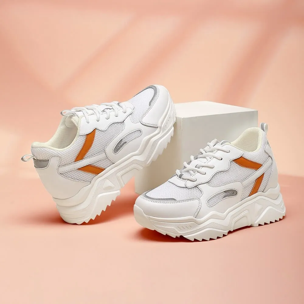 10 CM/3.94 Inches CMR CHAMARIPA Elevator Sneakers for Women - White Mesh Sneakers with Orange Accents
