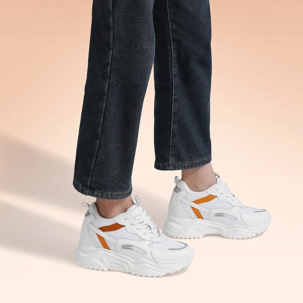 10 CM/3.94 Inches CMR CHAMARIPA Elevator Sneakers for Women - White Mesh Sneakers with Orange Accents