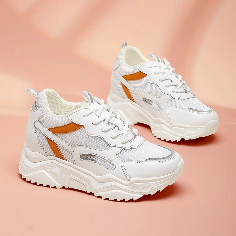 10 CM/3.94 Inches CMR CHAMARIPA Elevator Sneakers for Women - White Mesh Sneakers with Orange Accents