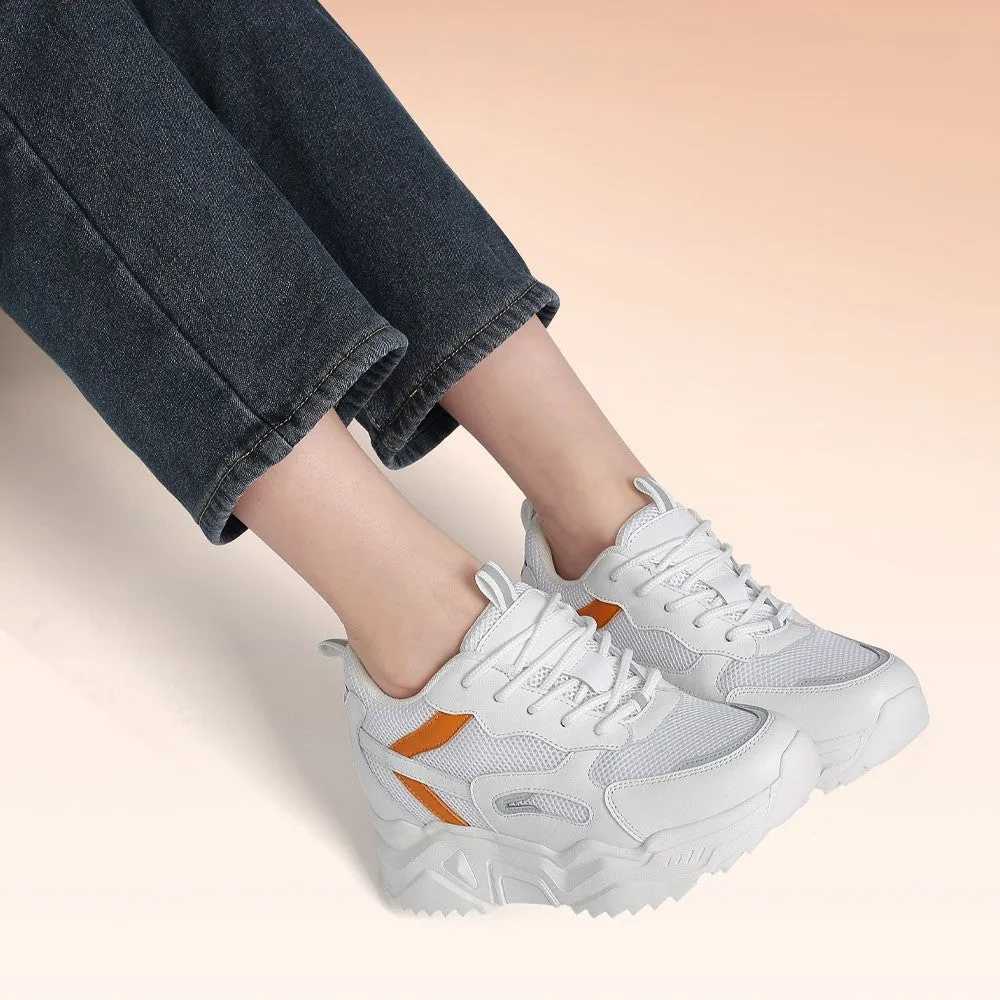 10 CM/3.94 Inches CMR CHAMARIPA Elevator Sneakers for Women - White Mesh Sneakers with Orange Accents