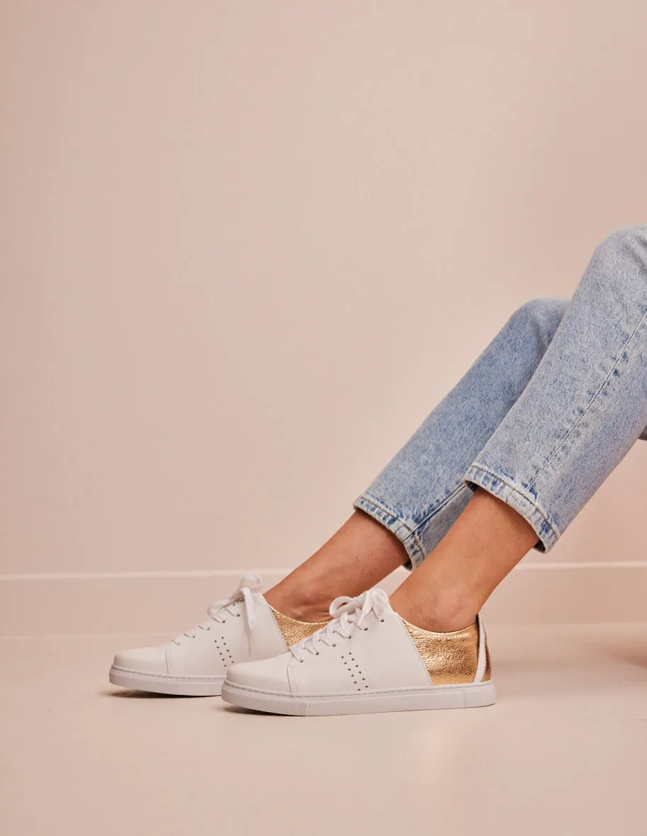 Baskets basses Renée - Cuir Blanc Craquelé Doré