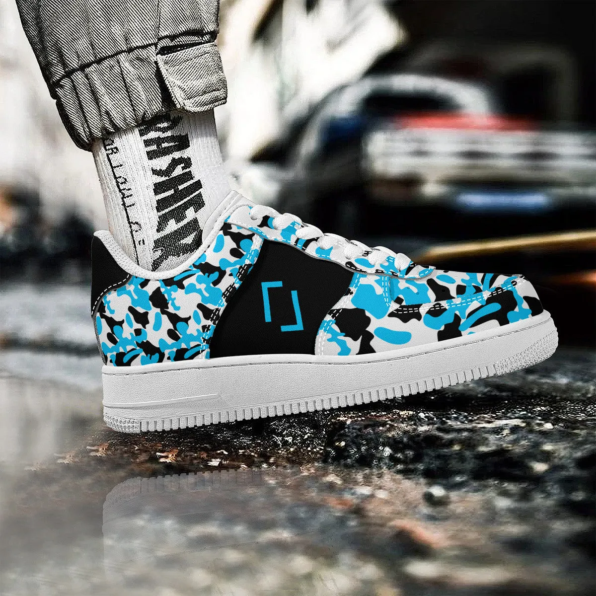 Blue & Black Camouflage Real Bracket Logo Unisex Air Force Sneakers