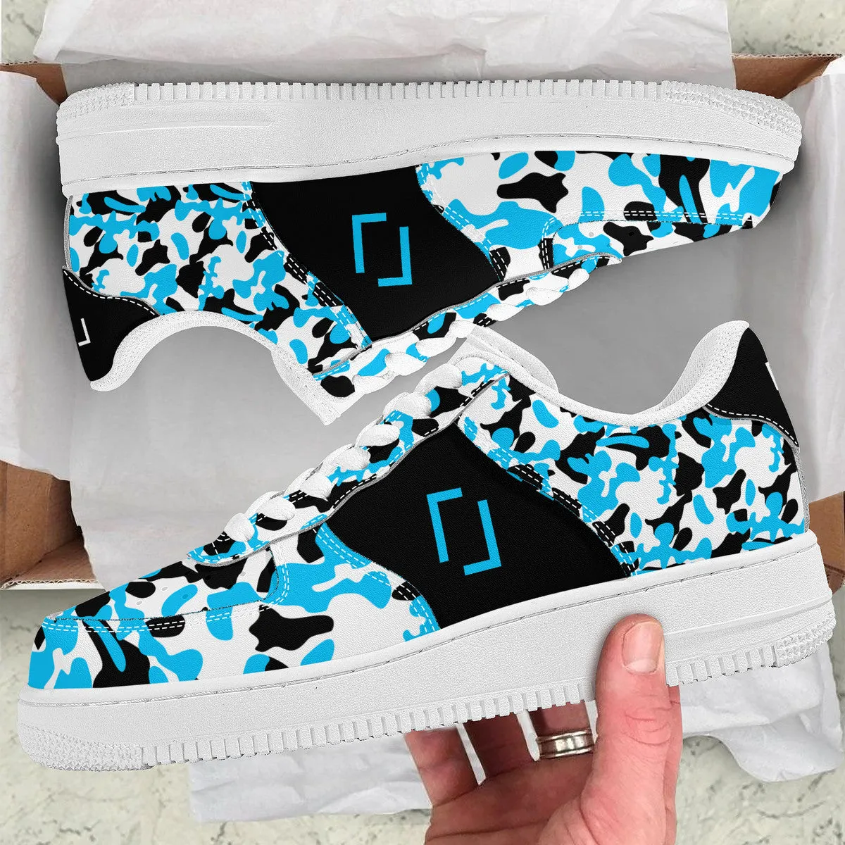 Blue & Black Camouflage Real Bracket Logo Unisex Air Force Sneakers