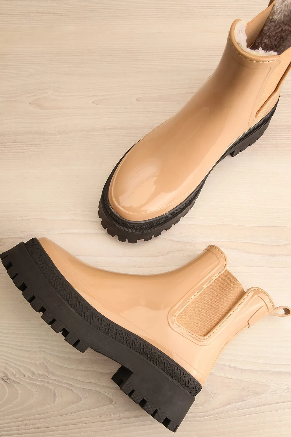 Carter Beige | Faux-Fur Lined Platform Rain Boots