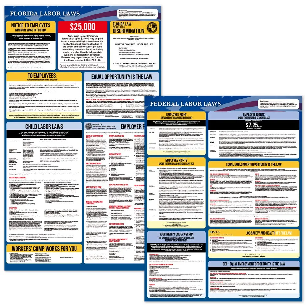 Florida Labor Law Posters 2021 - Florida and Federal Labor Law Poster Set. OSHA Compliant