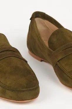 Jamie Haller Suede Penny Loafers in Olive