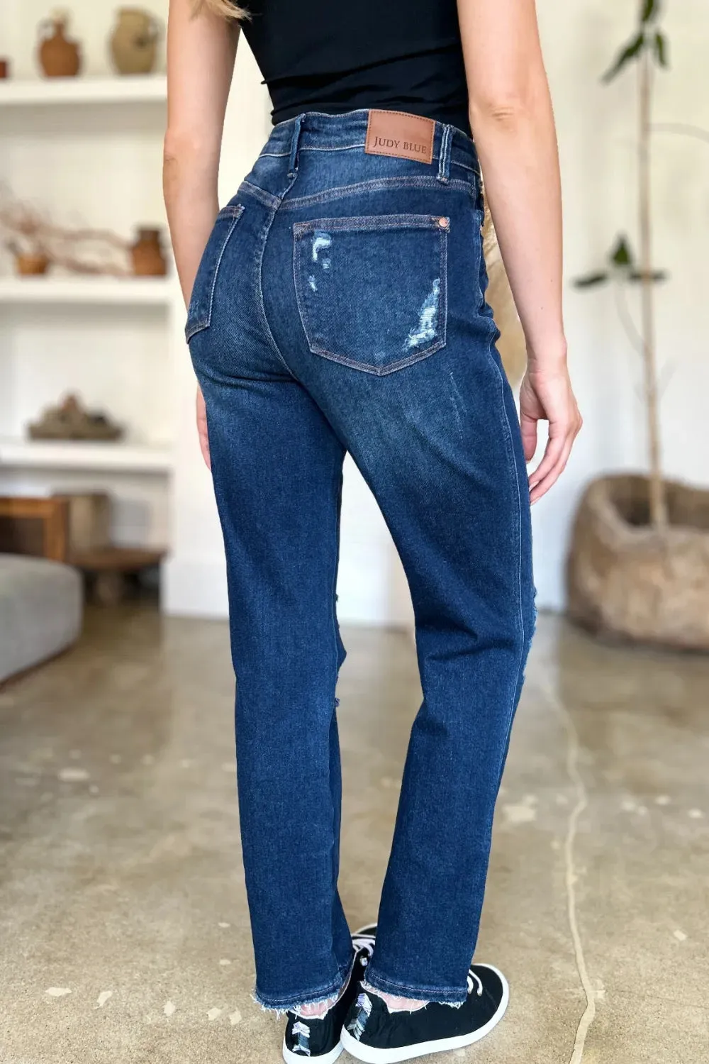 Judy Blue Dark Washed High Waist Rigid Magic Heavy Destroyef Straight Jeans
