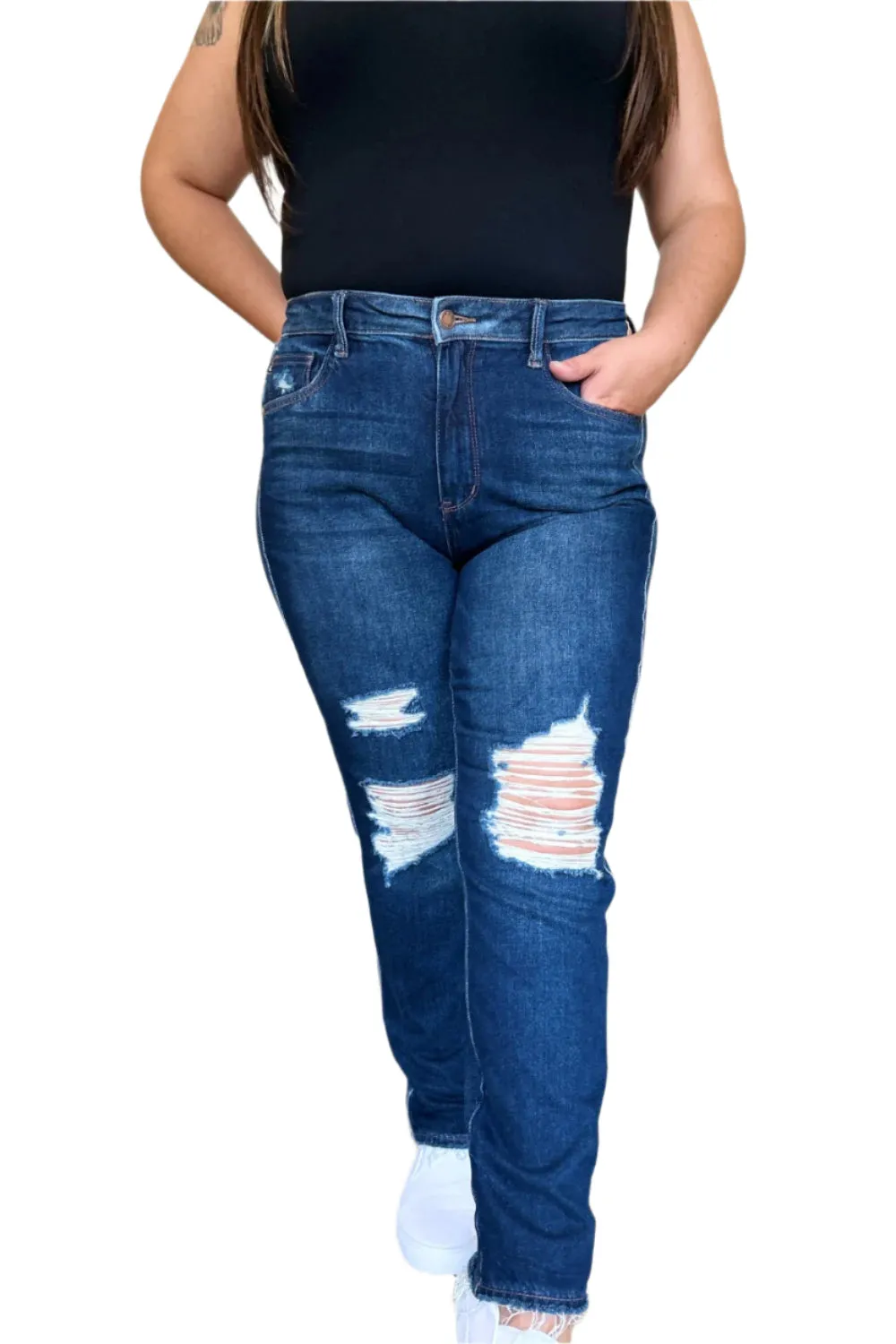Judy Blue High Waist Rigid Magic Heavy Destroy Straight Jeans
