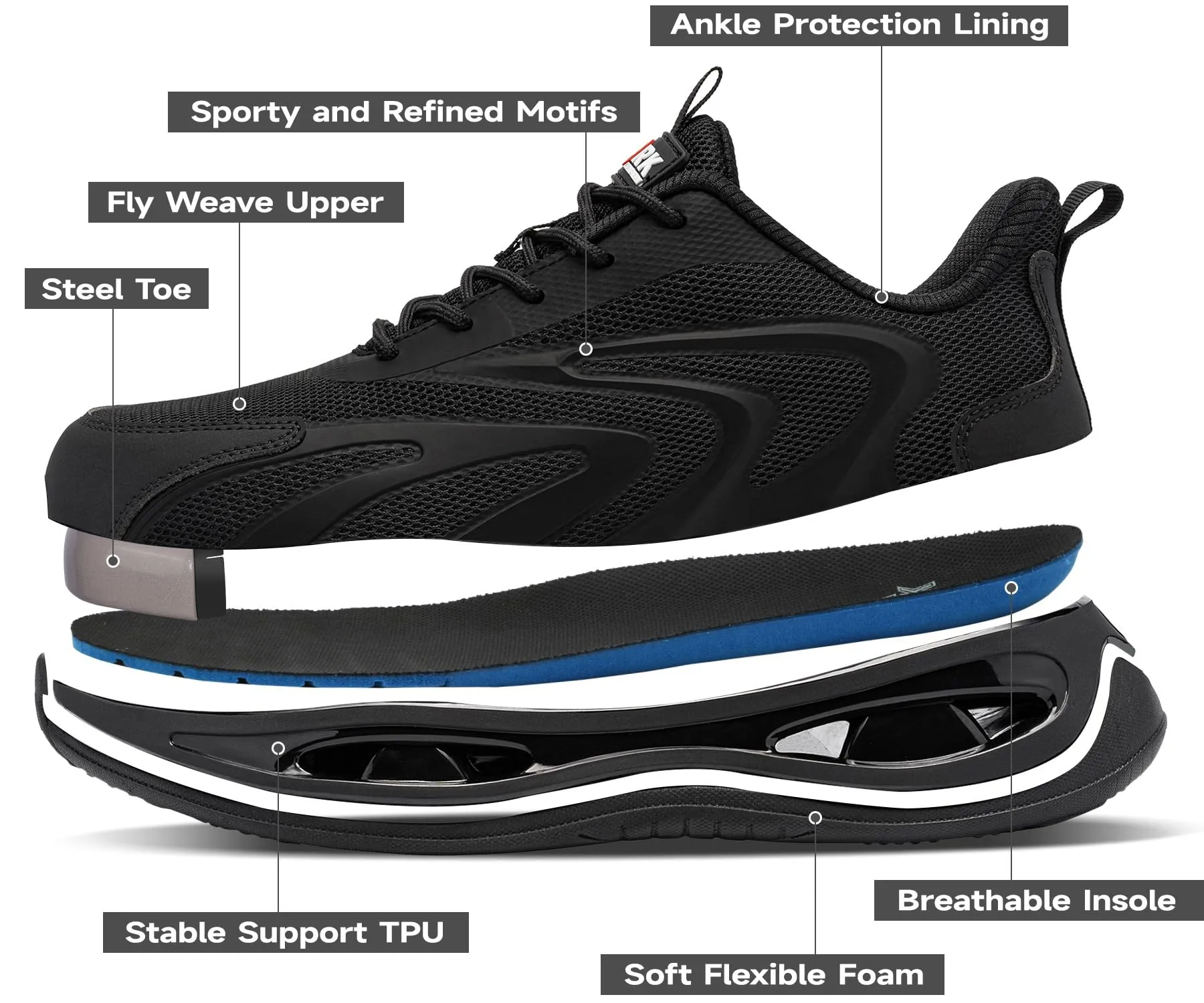LARNMERN Steel Toe Shoes Men Breathable Work Sneakers Safety Lightweight Comfortable Tennis Shoe Indestructible Sneaker(10 Men, Black)