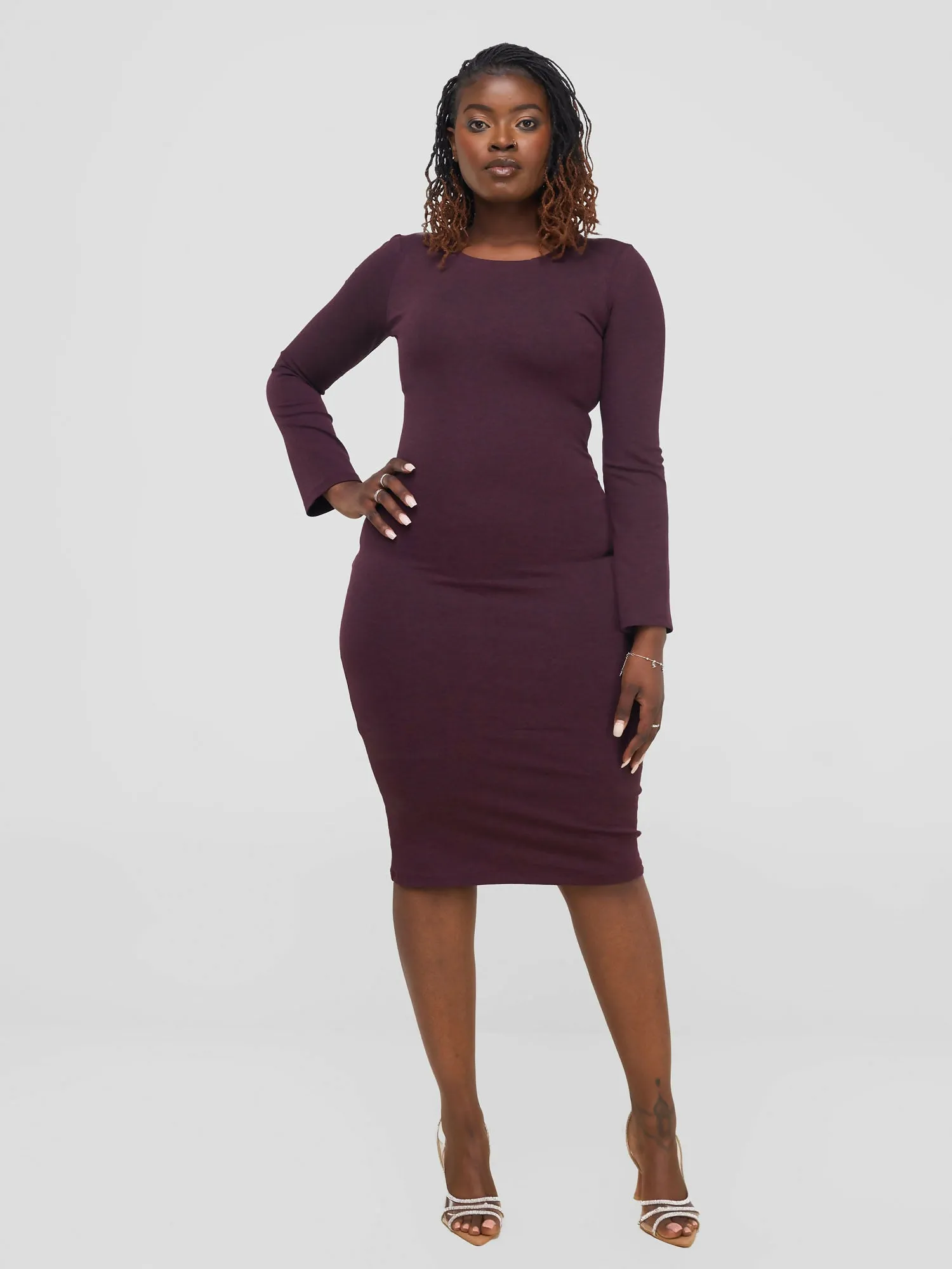 Mnubistyle Burg Midi Bodycon Dress - Burgundy